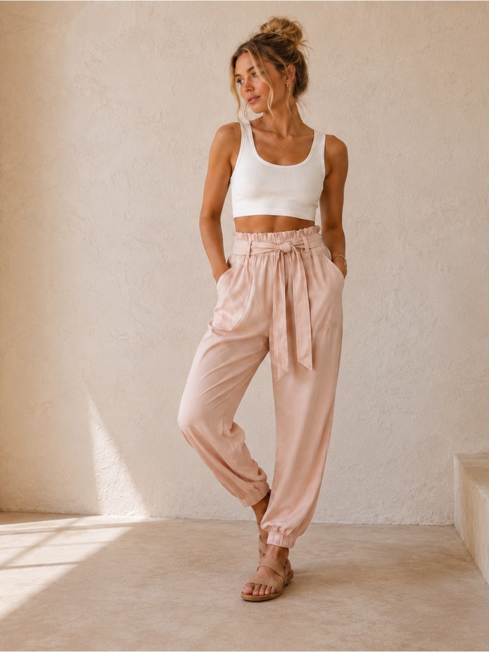 POL Blush Pink Tencel Belted Jogger Pants High Rise Size L